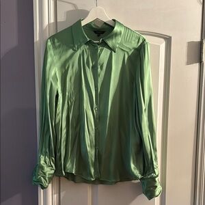 Green Satin Button-Up Blouse
